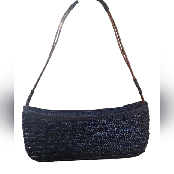 Woven Wheat straw baquette bag in shades of blue with brown leather strap. - Picture 1 of 14